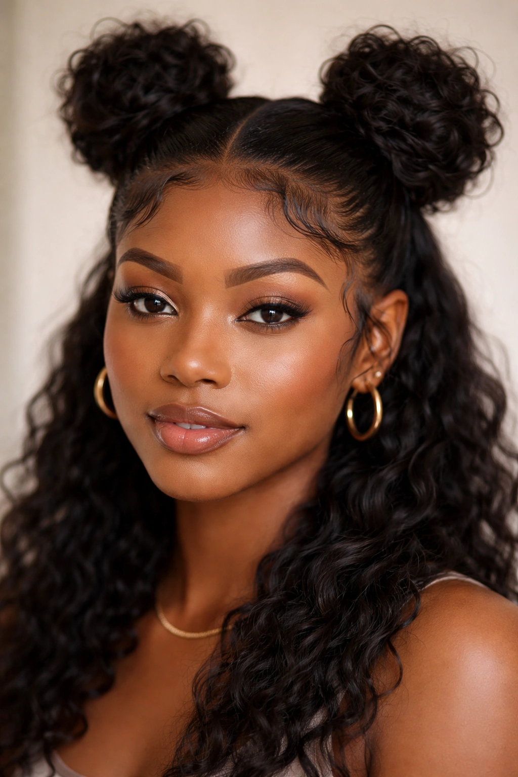 Laid-back textured space buns with baby hairs at hairline