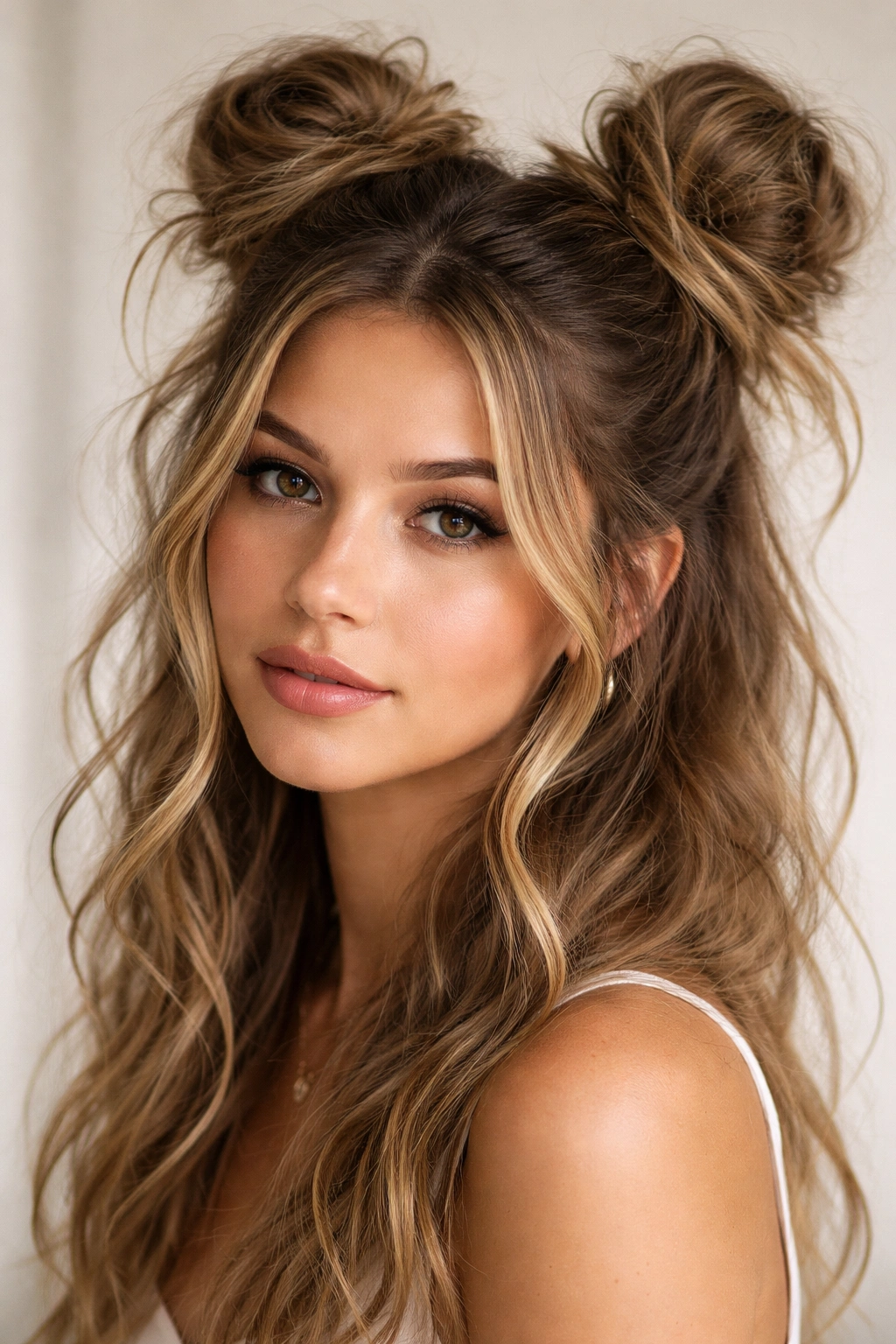 Close-up of textured messy space buns with loose pieces