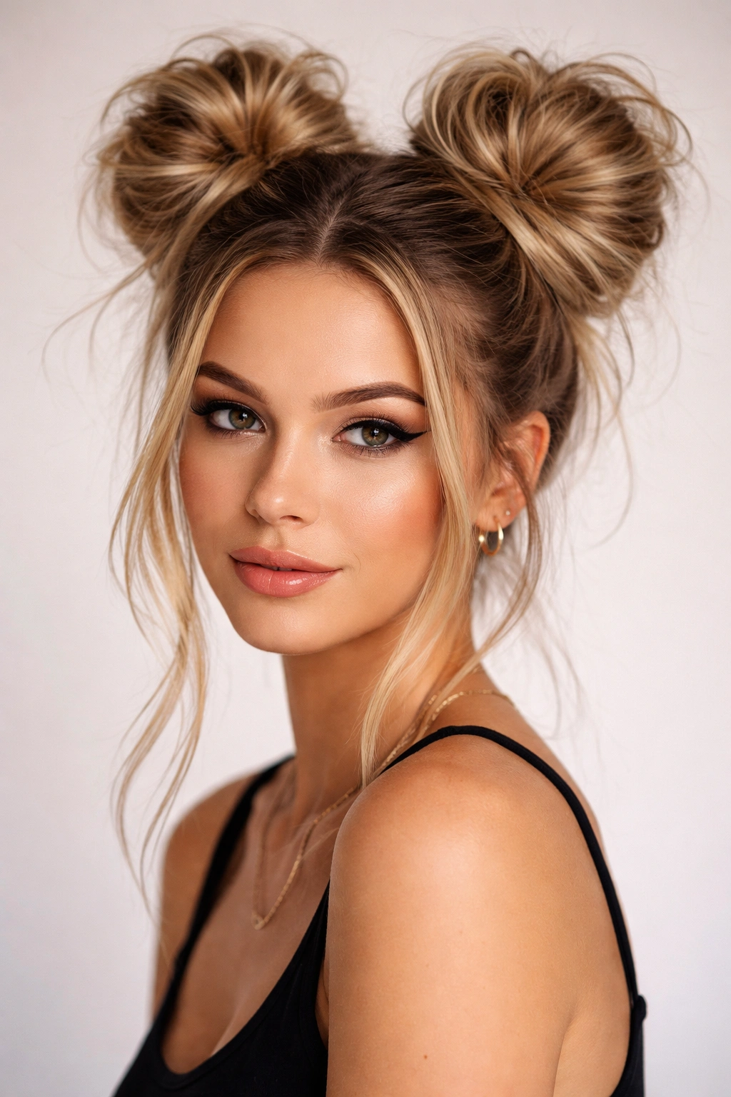 Textured space buns with added volume on straight hair in a studio
