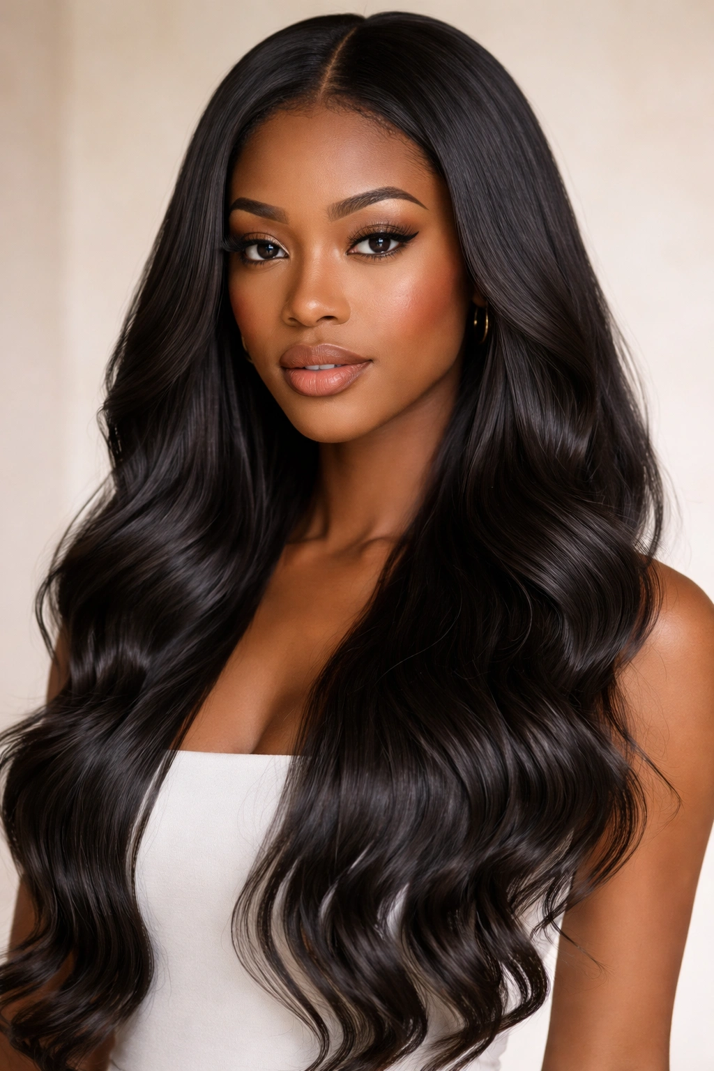 Straight hair with defined textured waves and shine