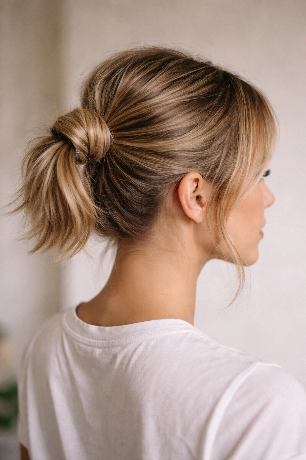 Textured top knot ponytail with a loose knot at the crown