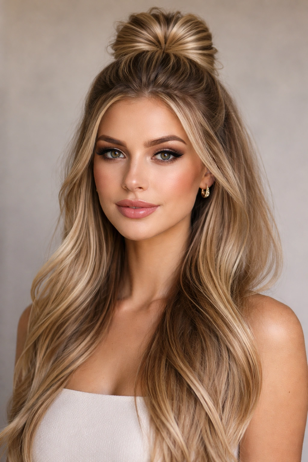 Top knot at crown with straight waves flowing below.