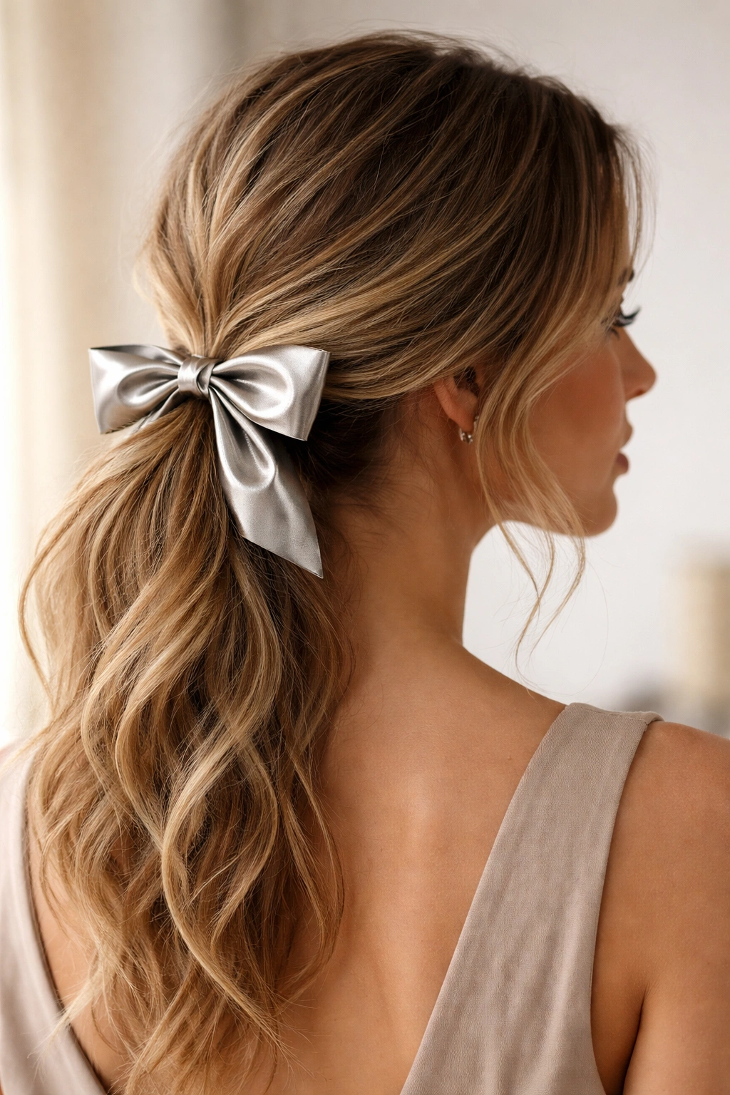 Textured tousled low ponytail with metallic bow