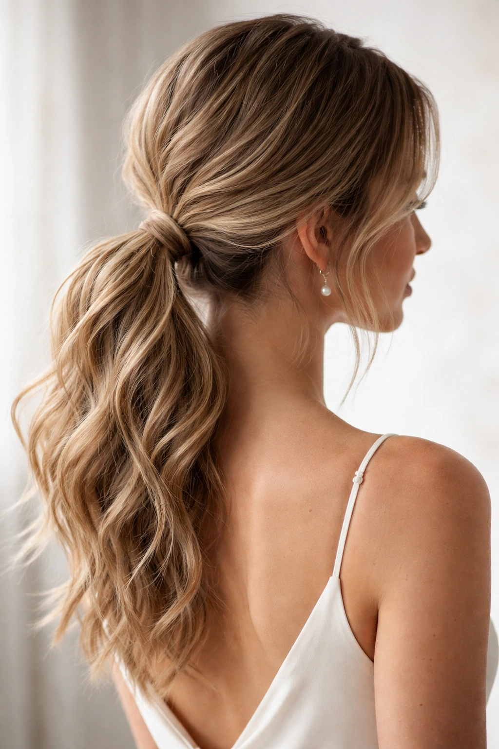 Textured tousled low ponytail with loose waves
