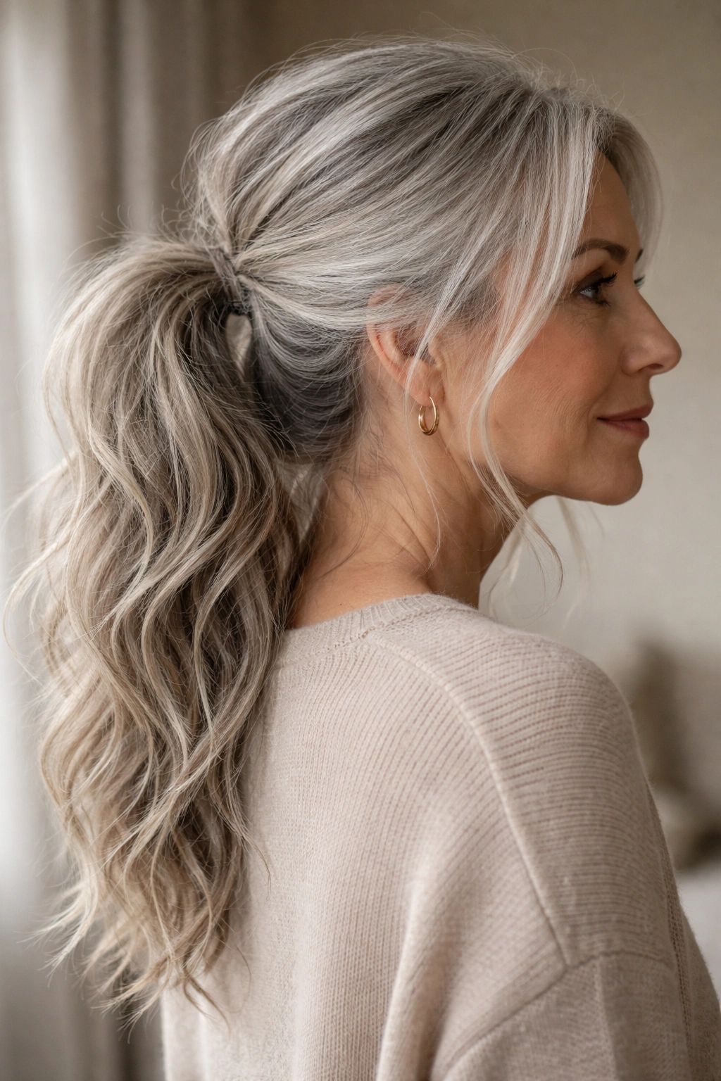 Profile of gray hair with textured undone waves in a ponytail