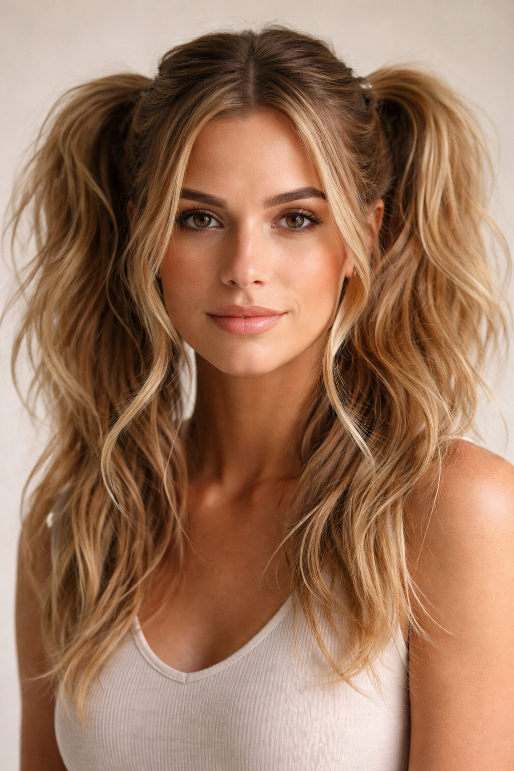 Textured, tousled double ponytails with center part