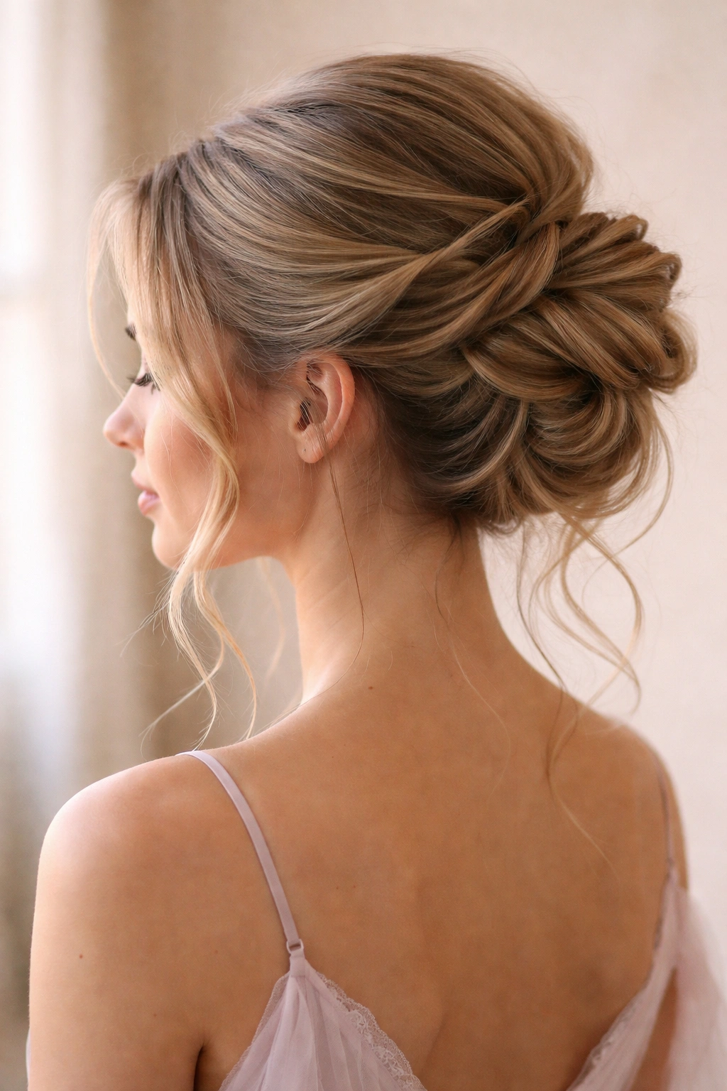 Textured twisted updo with soft tendrils around the face