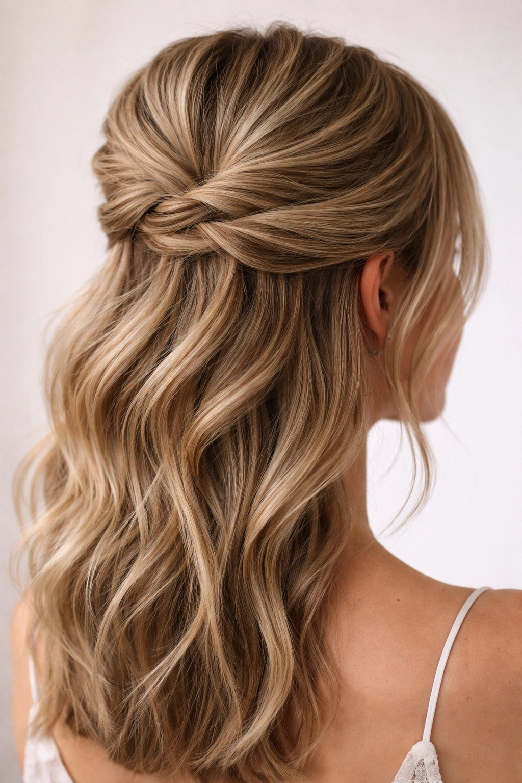 Half-up hairstyle showing textured undercut and pinned layers