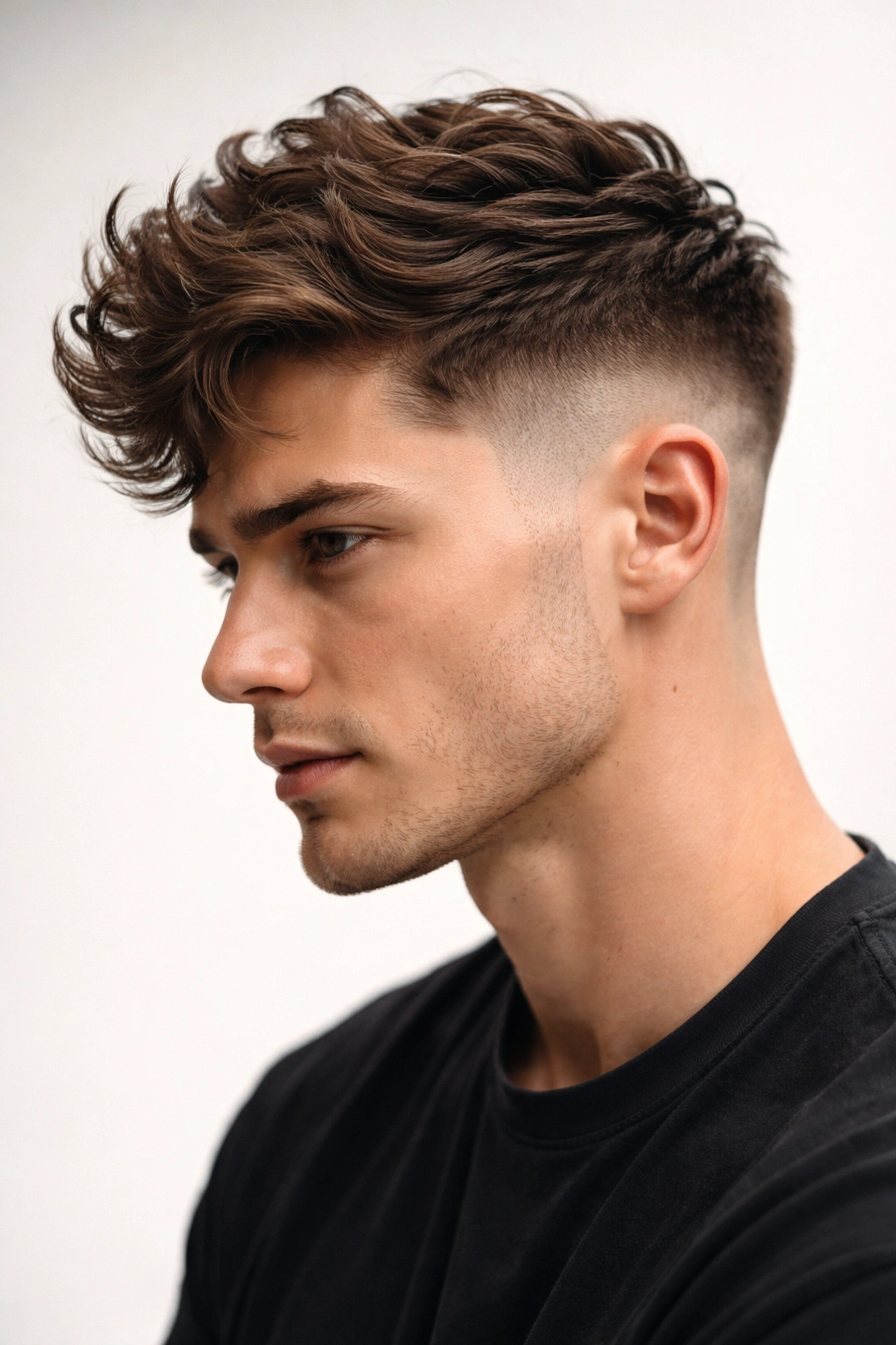 Side profile of a person with undercut and textured wavy top.