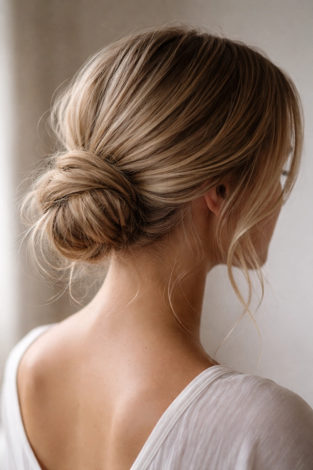 Close-up of textured undone low bun with loose waves