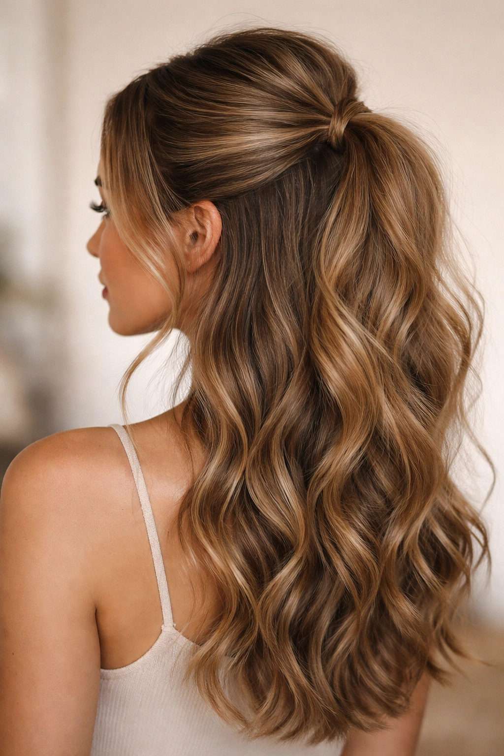 Textured V-part hairstyle with soft waves and a half-up ponytail