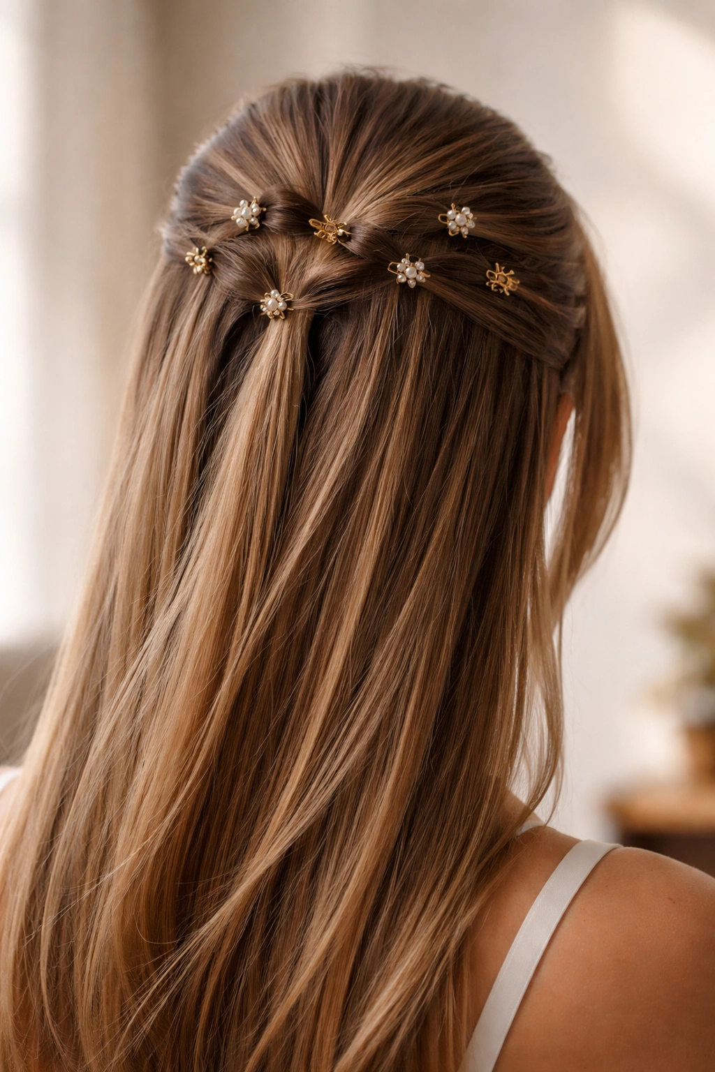 Close-up of crown and back straight hair with small clips creating texture and volume