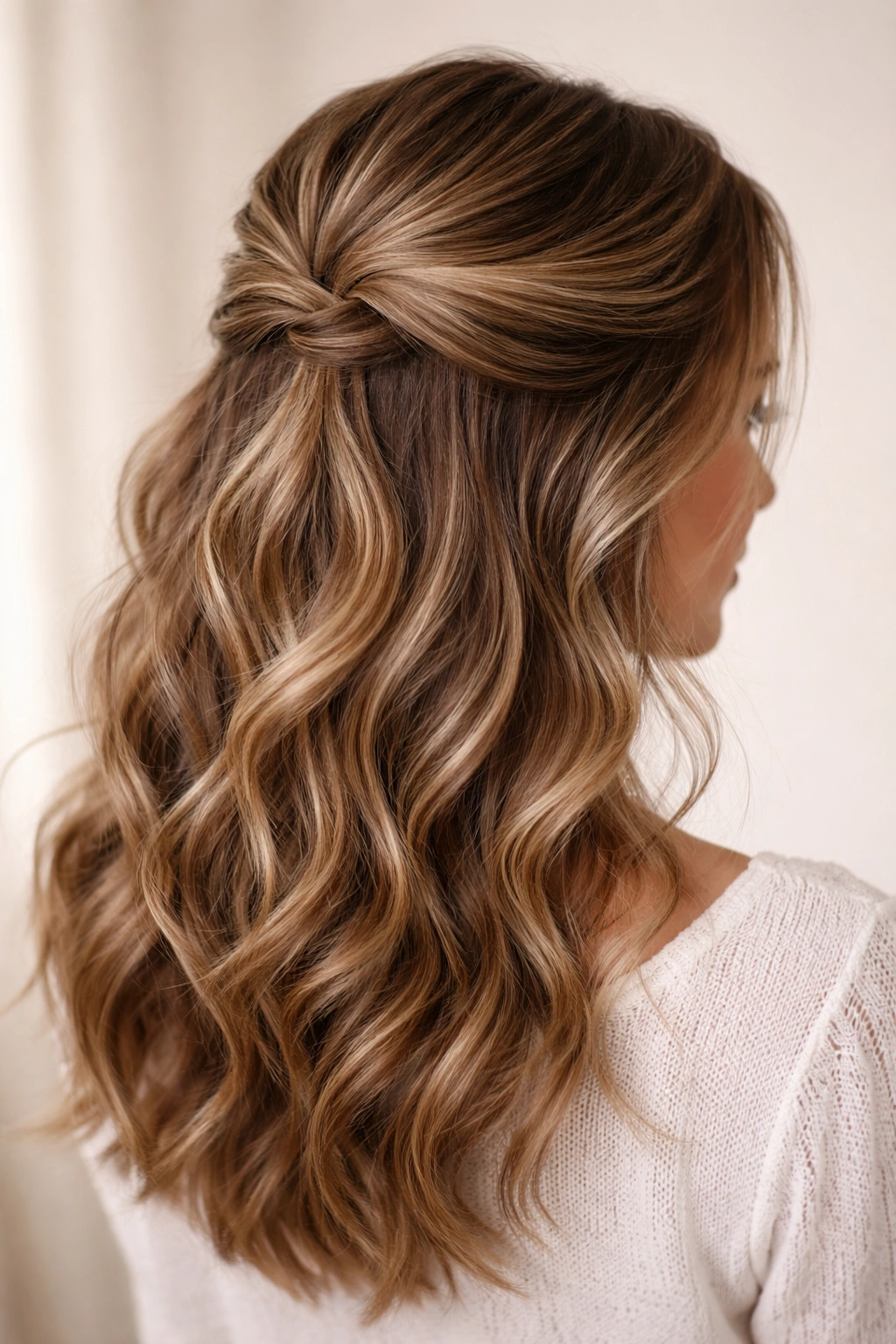 Close-up of textured waves and half-up section framing the face.