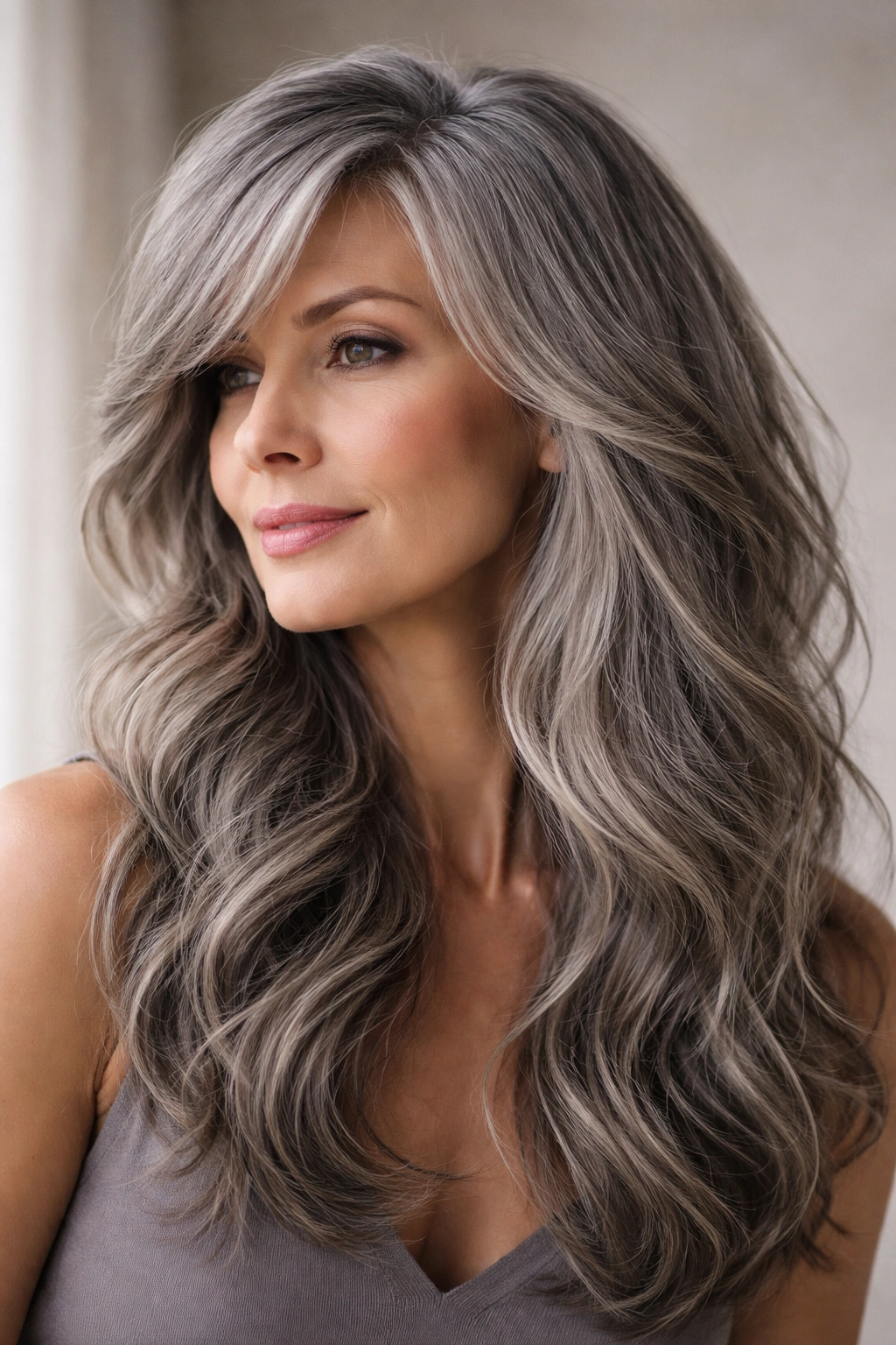 Long gray hair with textured waves and side-swept bangs