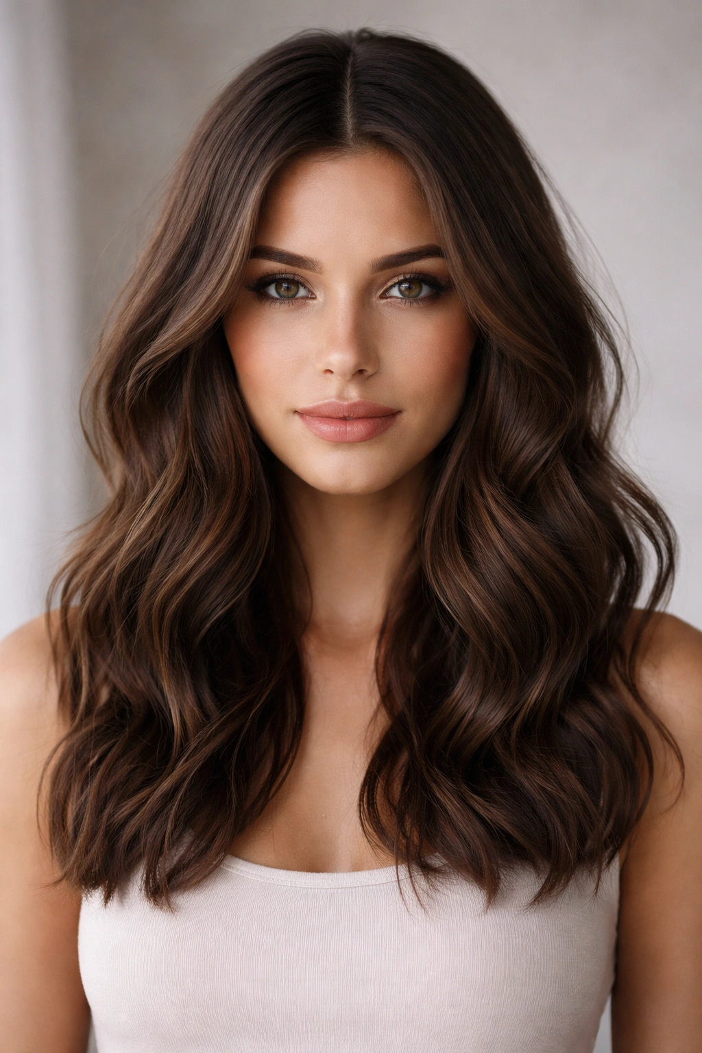 Brunette textured waves with a centered part.