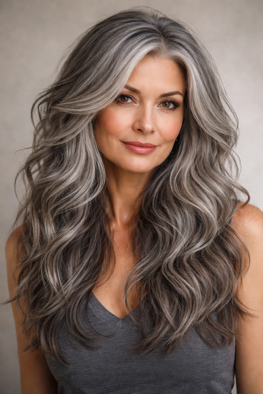 Long gray hair with textured choppy waves and layered pieces