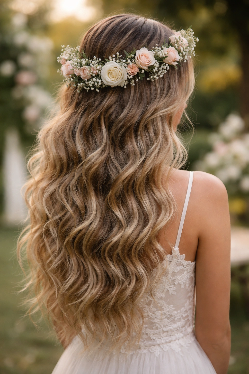 Textured waves with a floral crown on a bridesmaid hairstyle