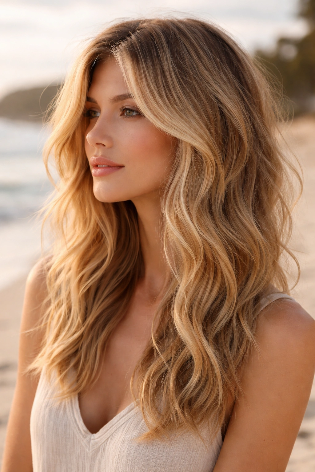 Lived-in textured waves with subtle face-framing layers in warm blonde