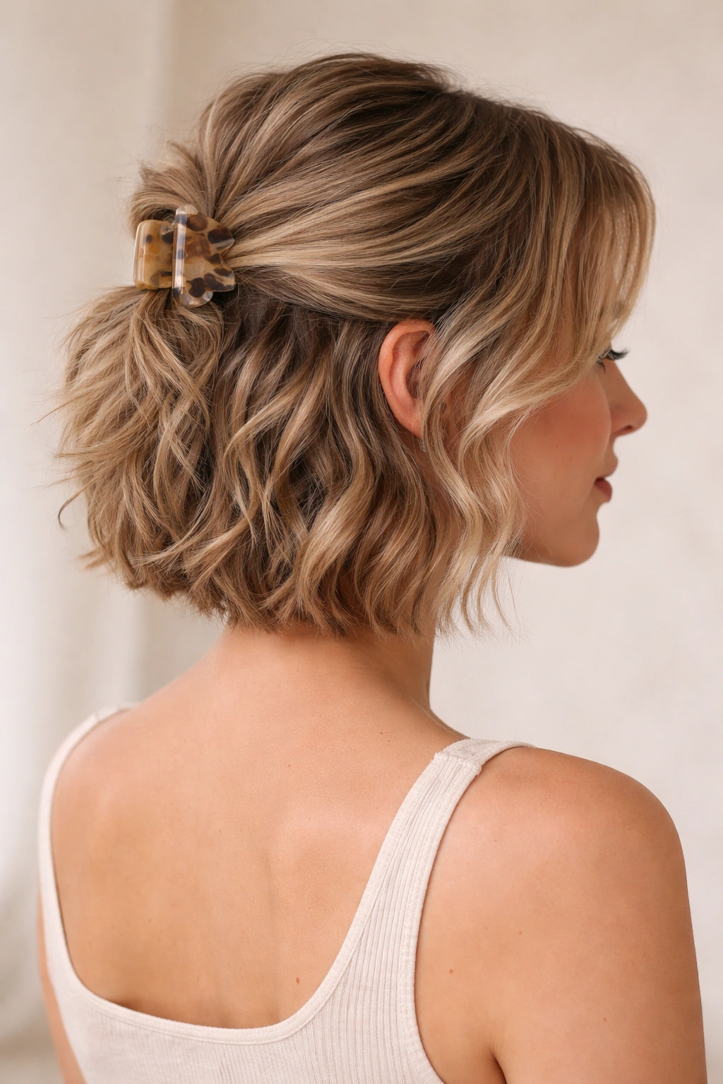 Close-up of textured waves half-up hairstyle with clip at crown