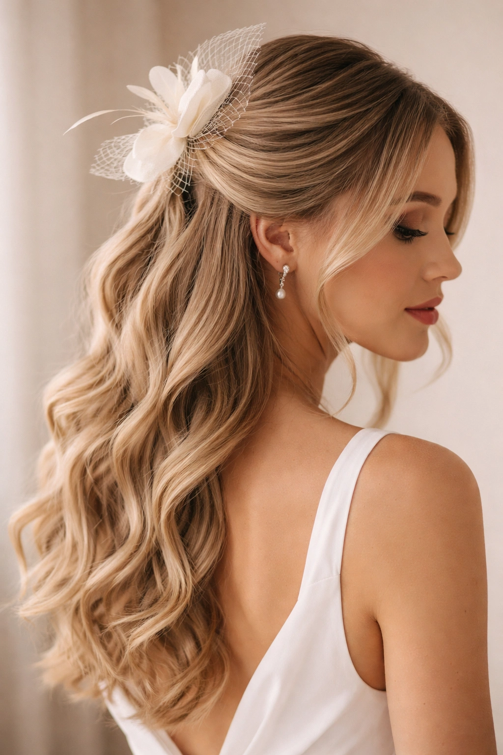 Textured waves half-up with minimalist fascinator in studio