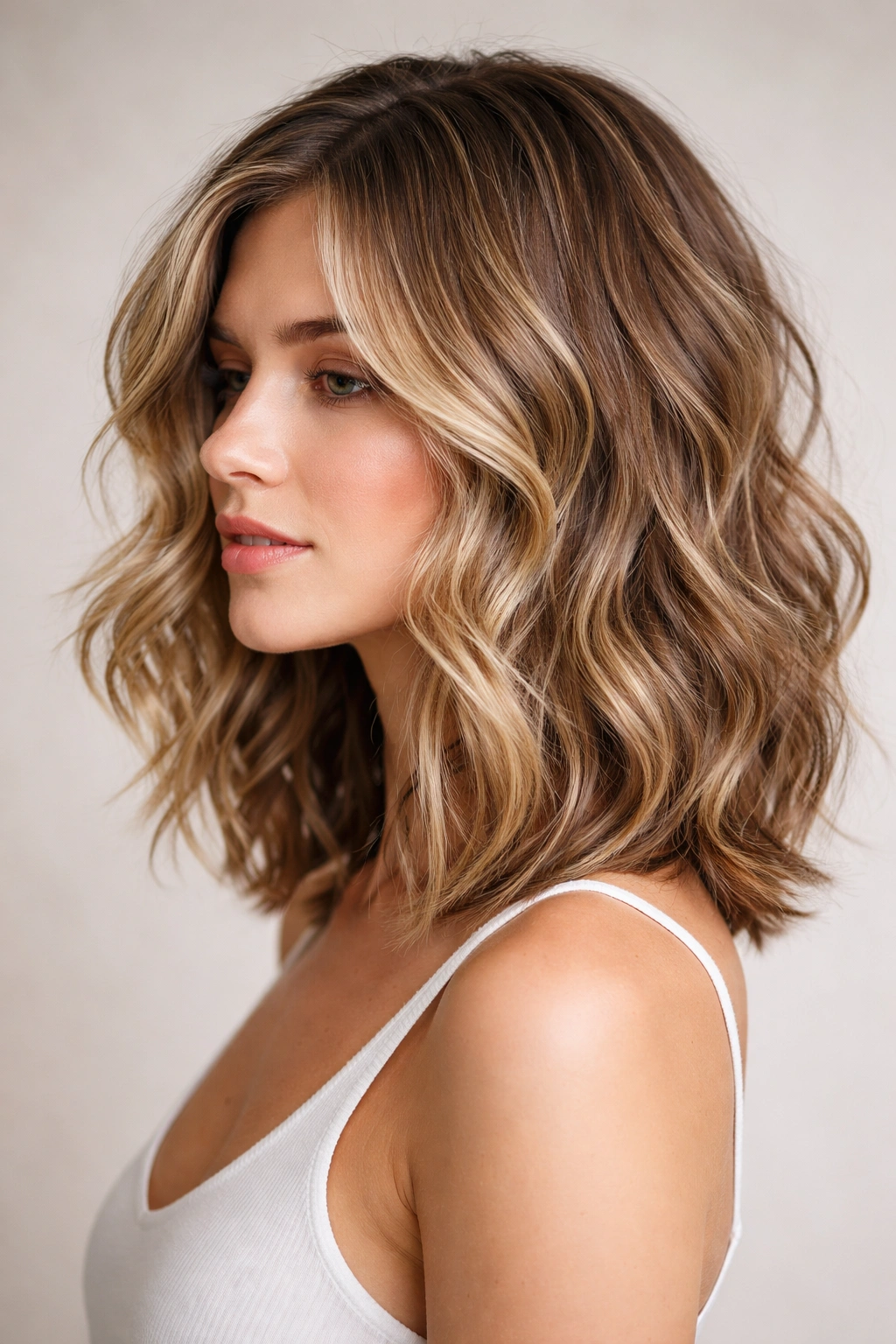 Textured wavy long bob at shoulder-to-collarbone length with defined waves