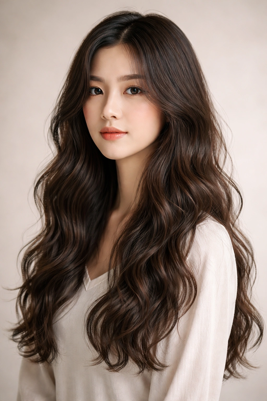 Textured long waves with digital perm in studio portrait
