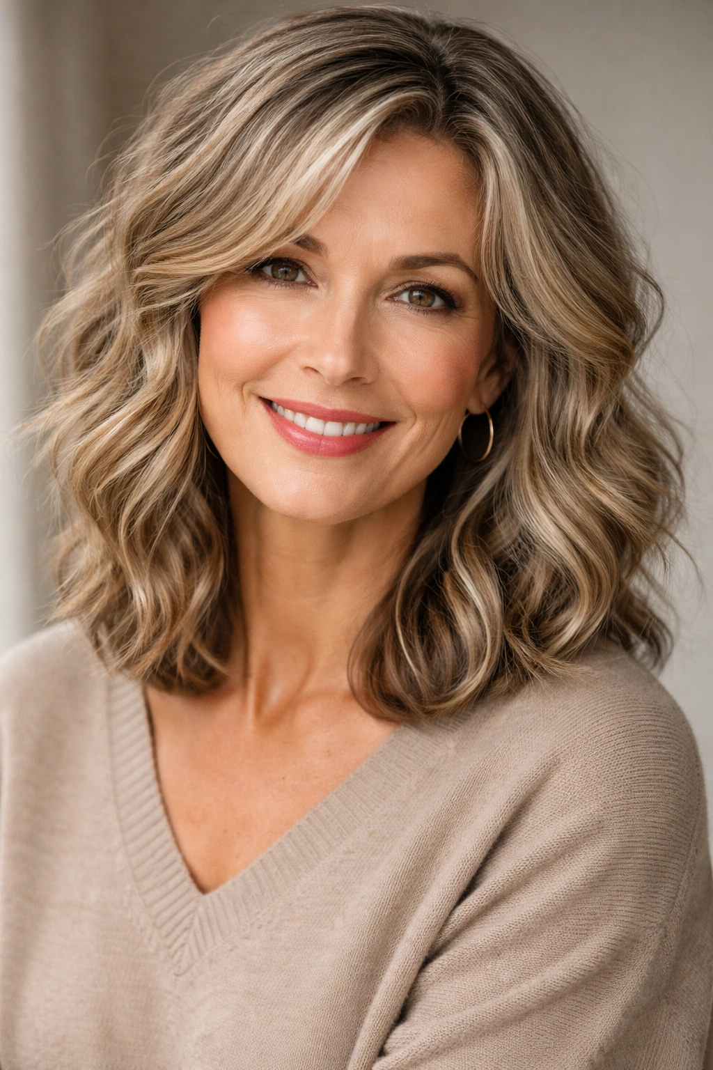 Mature woman with textured, piece-y waves showing defined separation