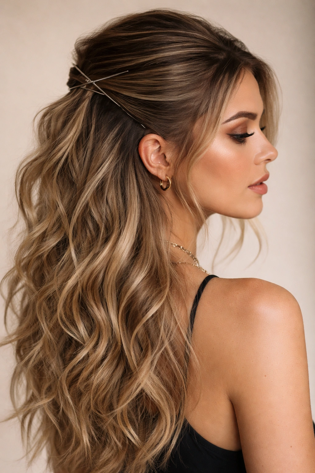 Close-up of textured waves with a sleek pinned section at the back, hair texture and shine emphasized