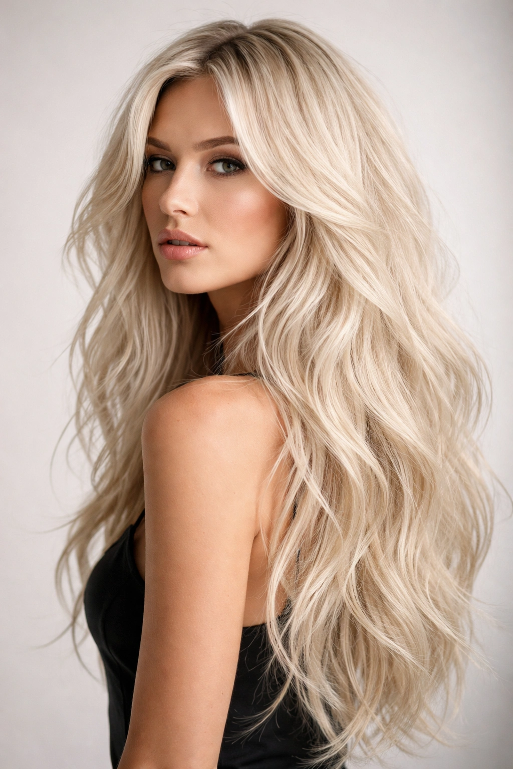 Textured long waves platinum blonde with layered styling