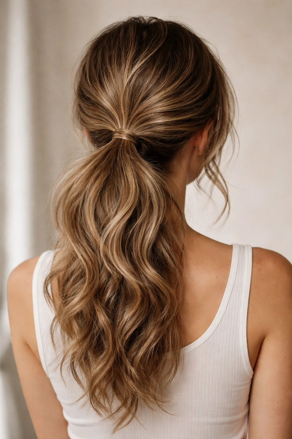 Textured waves low ponytail with volume at the base