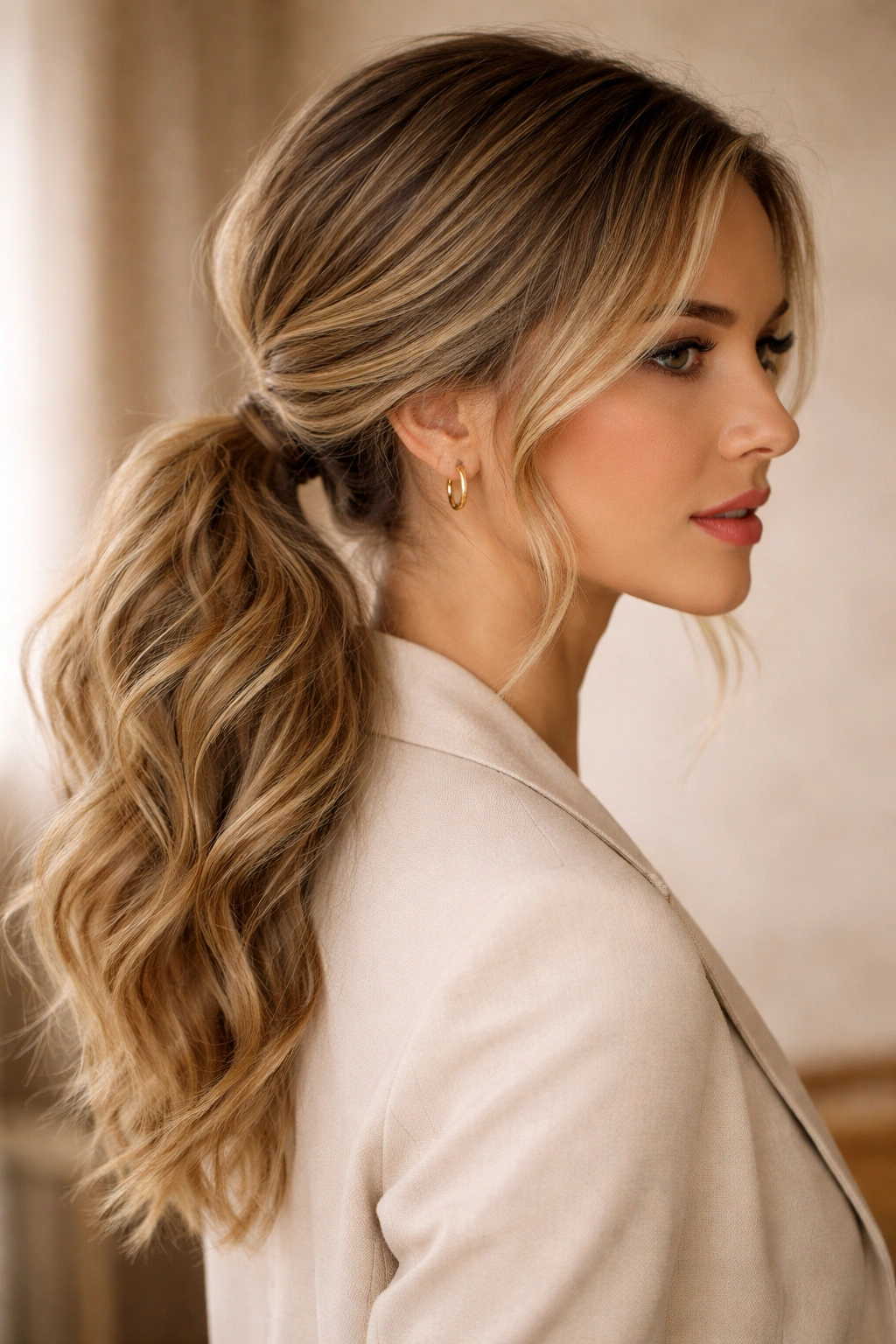 Medium shot of textured waves and a low side ponytail with deep part.