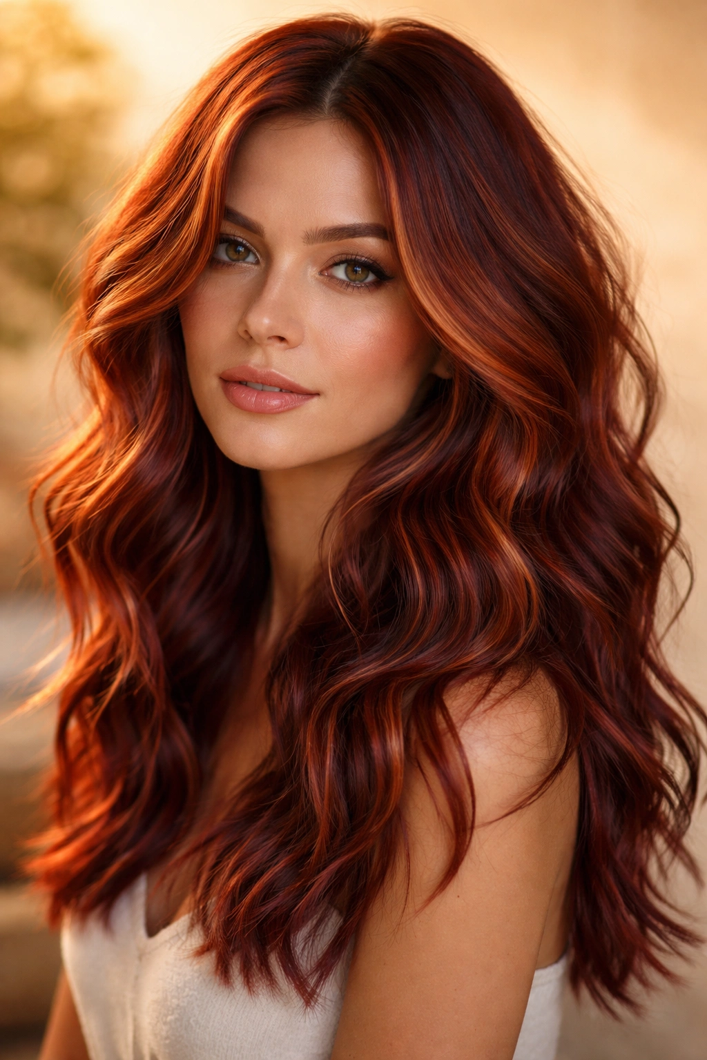 Beachy textured waves in dimensional red with copper and burgundy tones