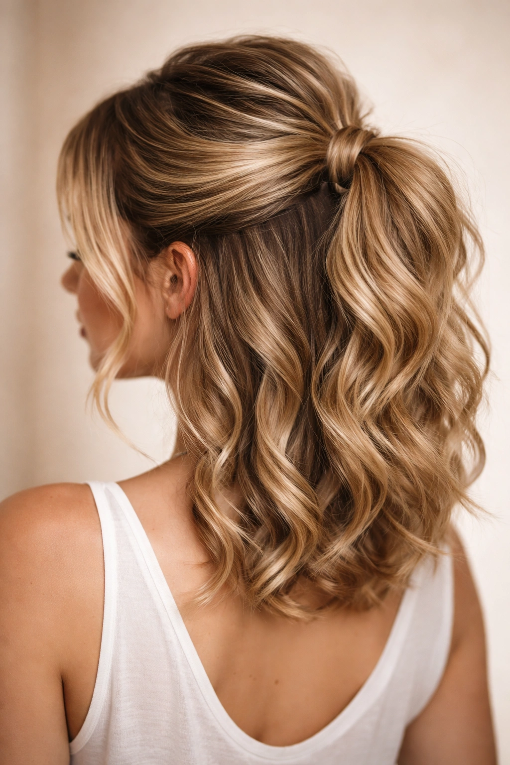 Textured ponytail half up with waves and crown volume on short hair
