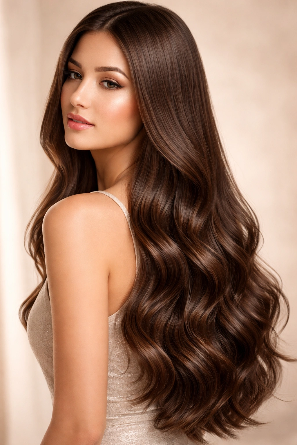 Loose textured waves along mid-lengths on straight hair with glossy finish