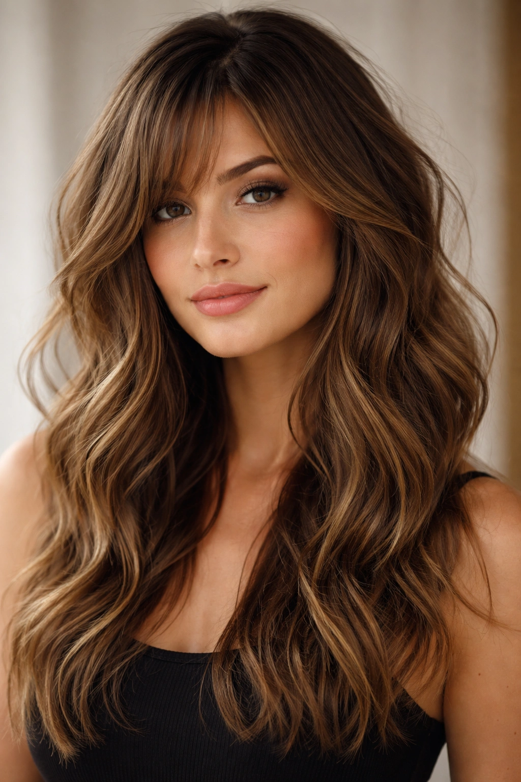 Textured waves with wispy side bangs framing the forehead