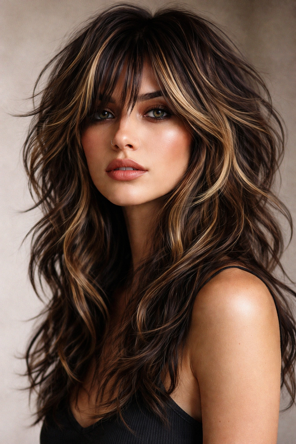 Close-up of a model with textured wolf cut and chunky highlights emphasizing layered waves