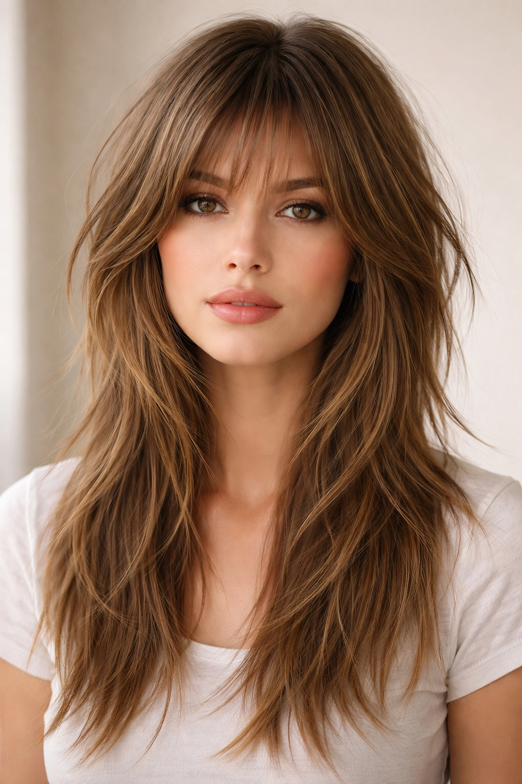 Front view of textured wolf cut on straight hair with even layers and movement.