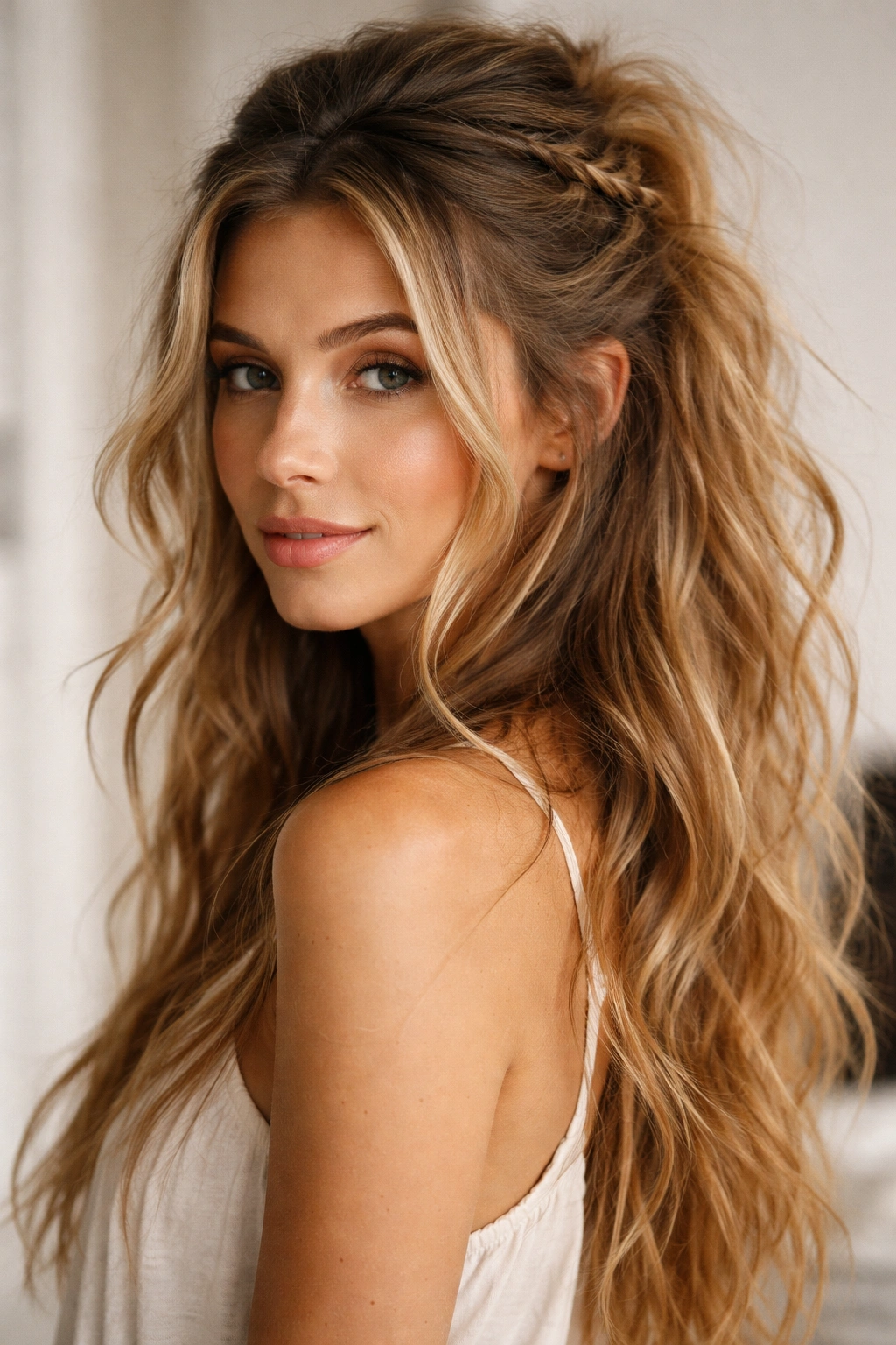 Messy textured half up hairstyle with loose twists and face-framing pieces