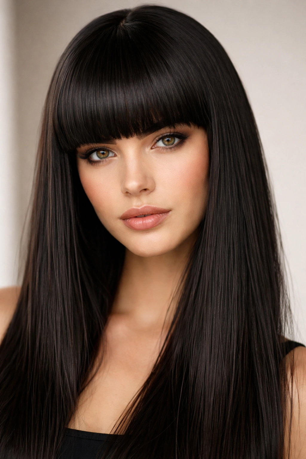 Blunt, dense thick bangs across the forehead on straight hair