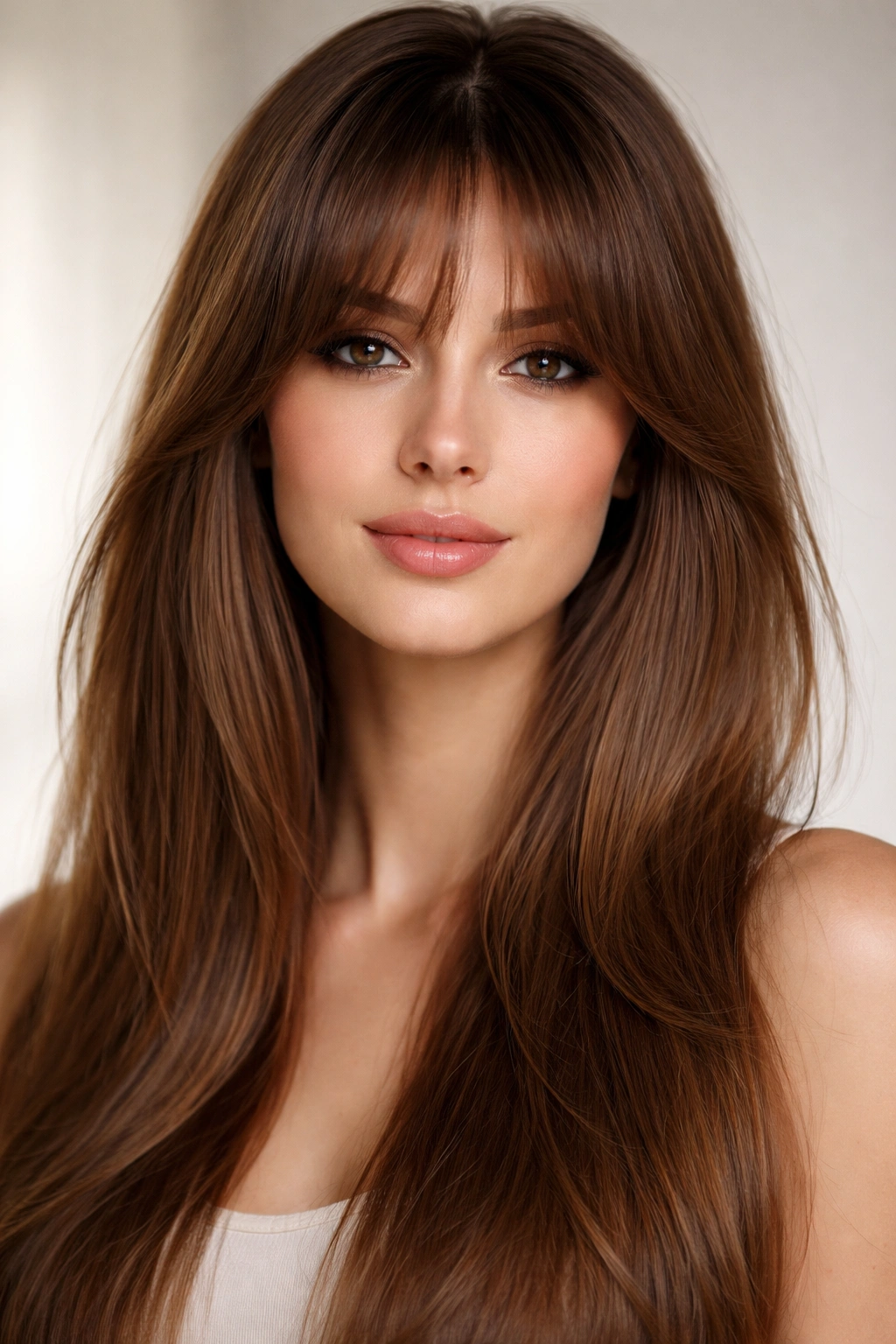 Portrait of thick curtain bangs with volume on straight hair
