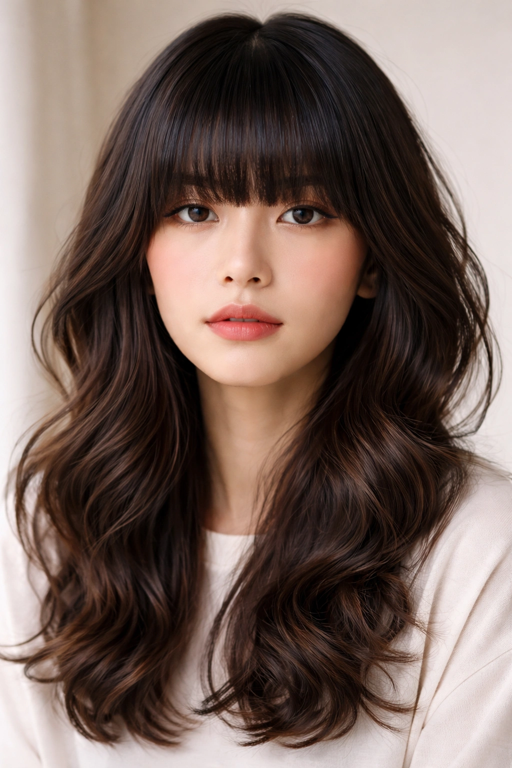 Thick straight bangs with wavy underlayers on medium-length hair
