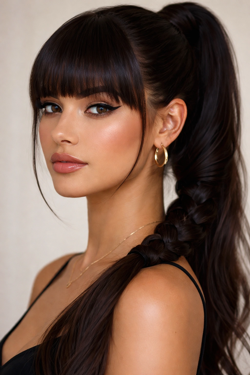 Close-up of thick blunt bangs with a braided ponytail detail