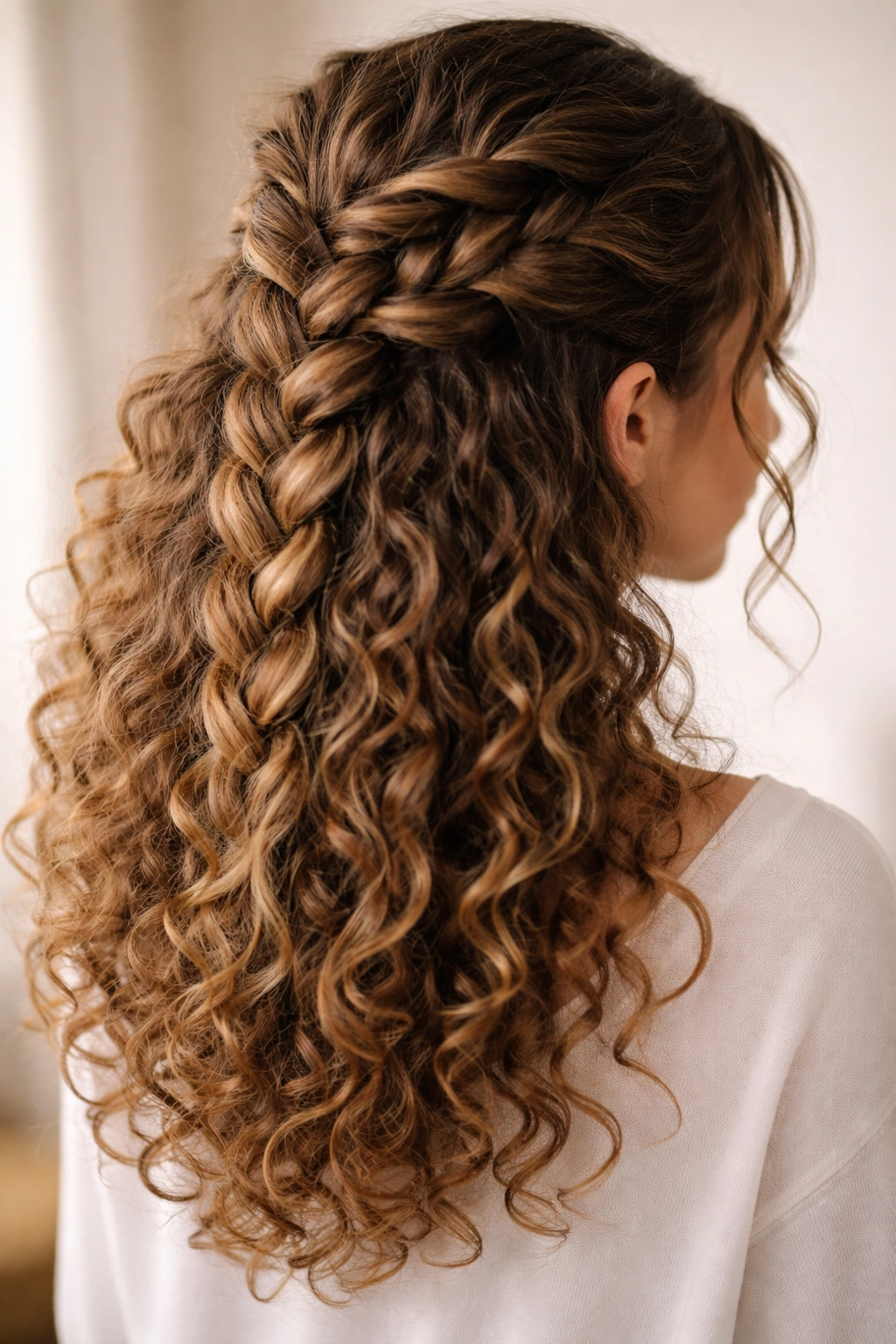 Side view of a thick Dutch/French braid forming a half up style on curly hair