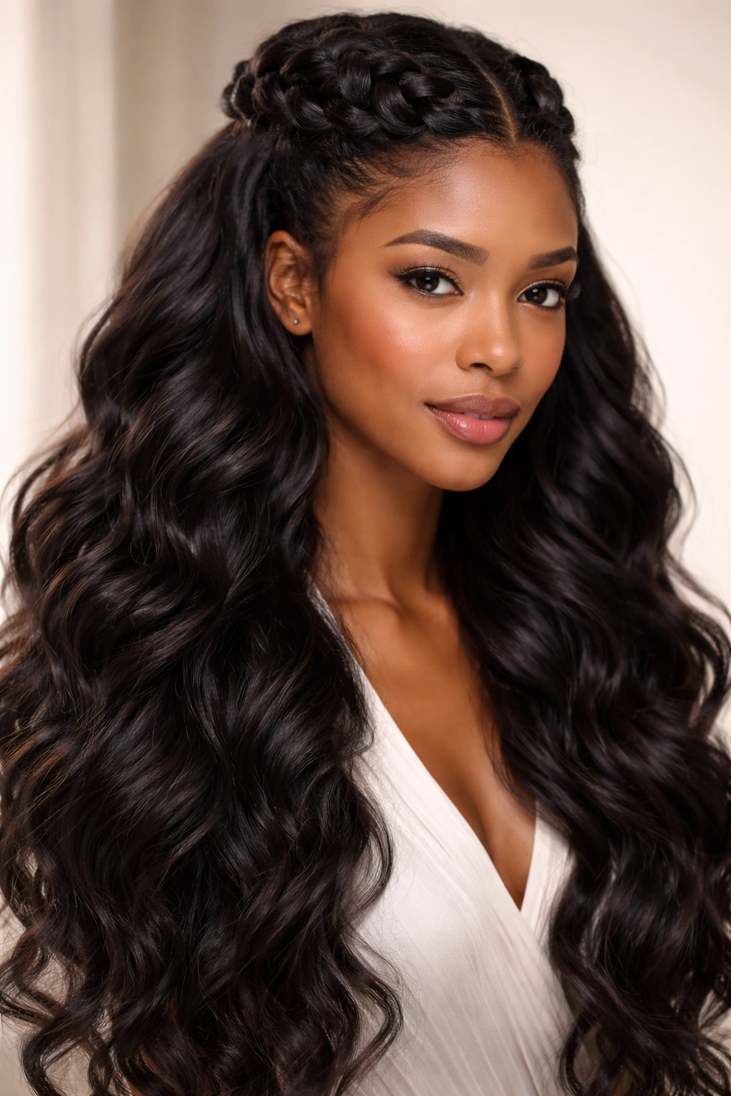 Close-up of thick chunky crown braid with half up half down