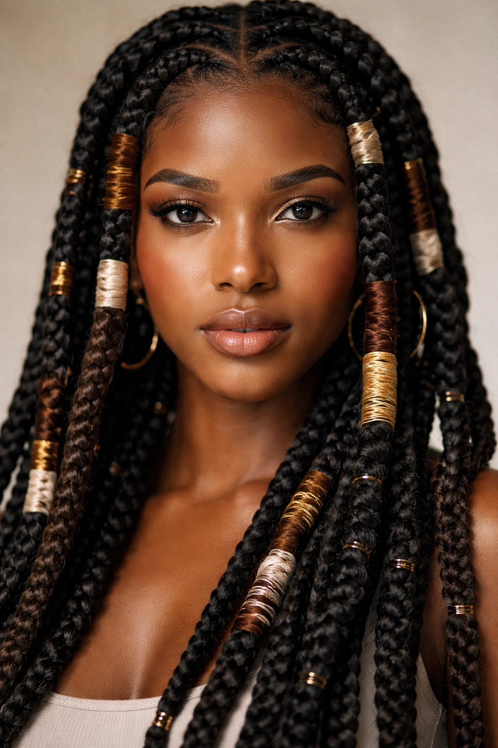 Thick Fulani braids with wrapped sections in contrasting thread