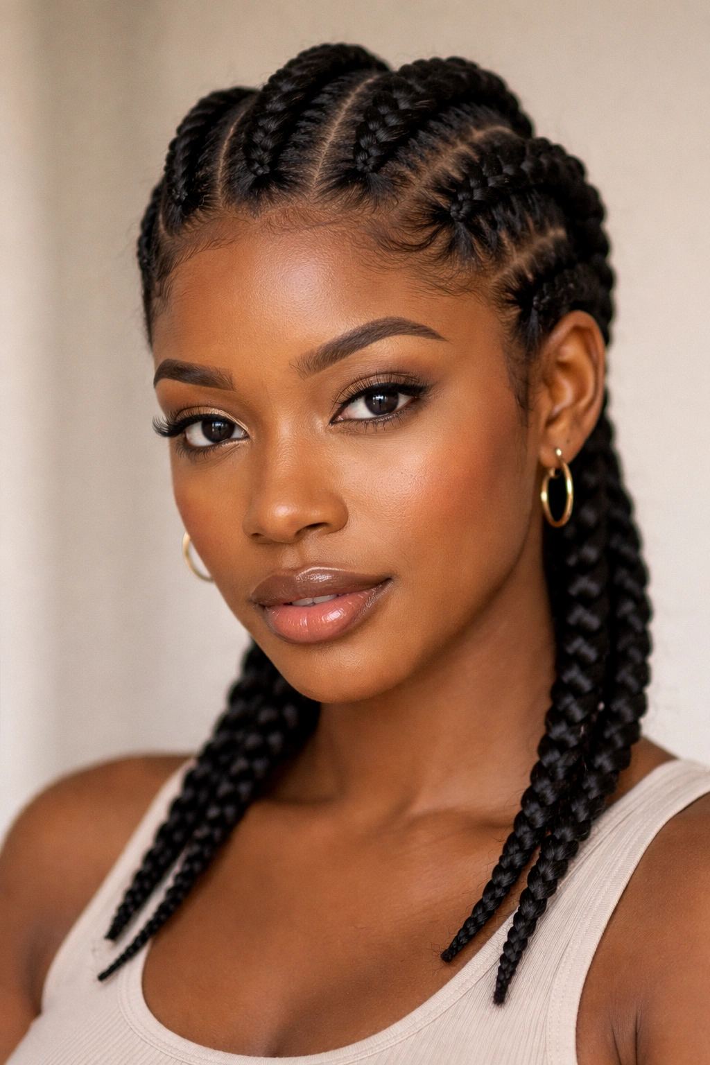Front-facing view of thick chunky cornrows on short natural hair