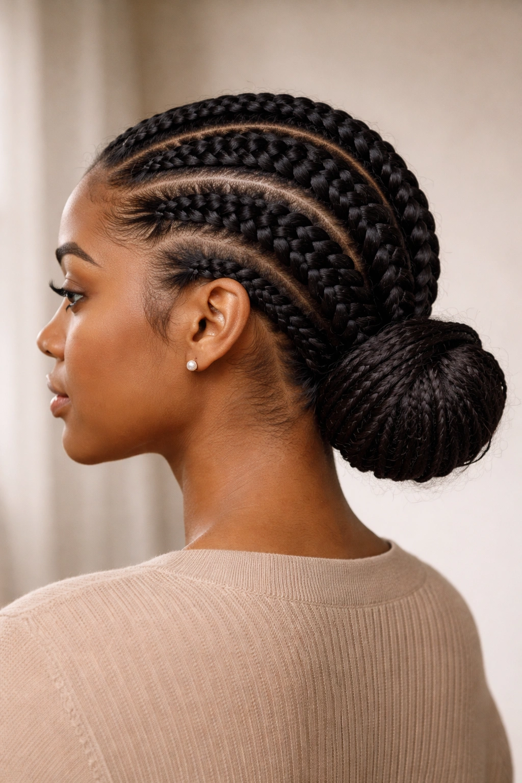 Close-up of thick cornrows feeding into a low bun at the nape