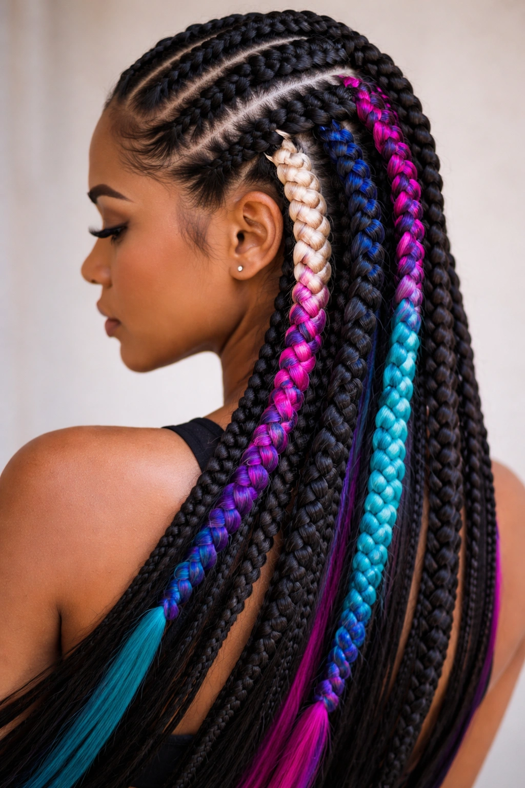 Close-up of thick feed-in cornrows with color-blocked extensions