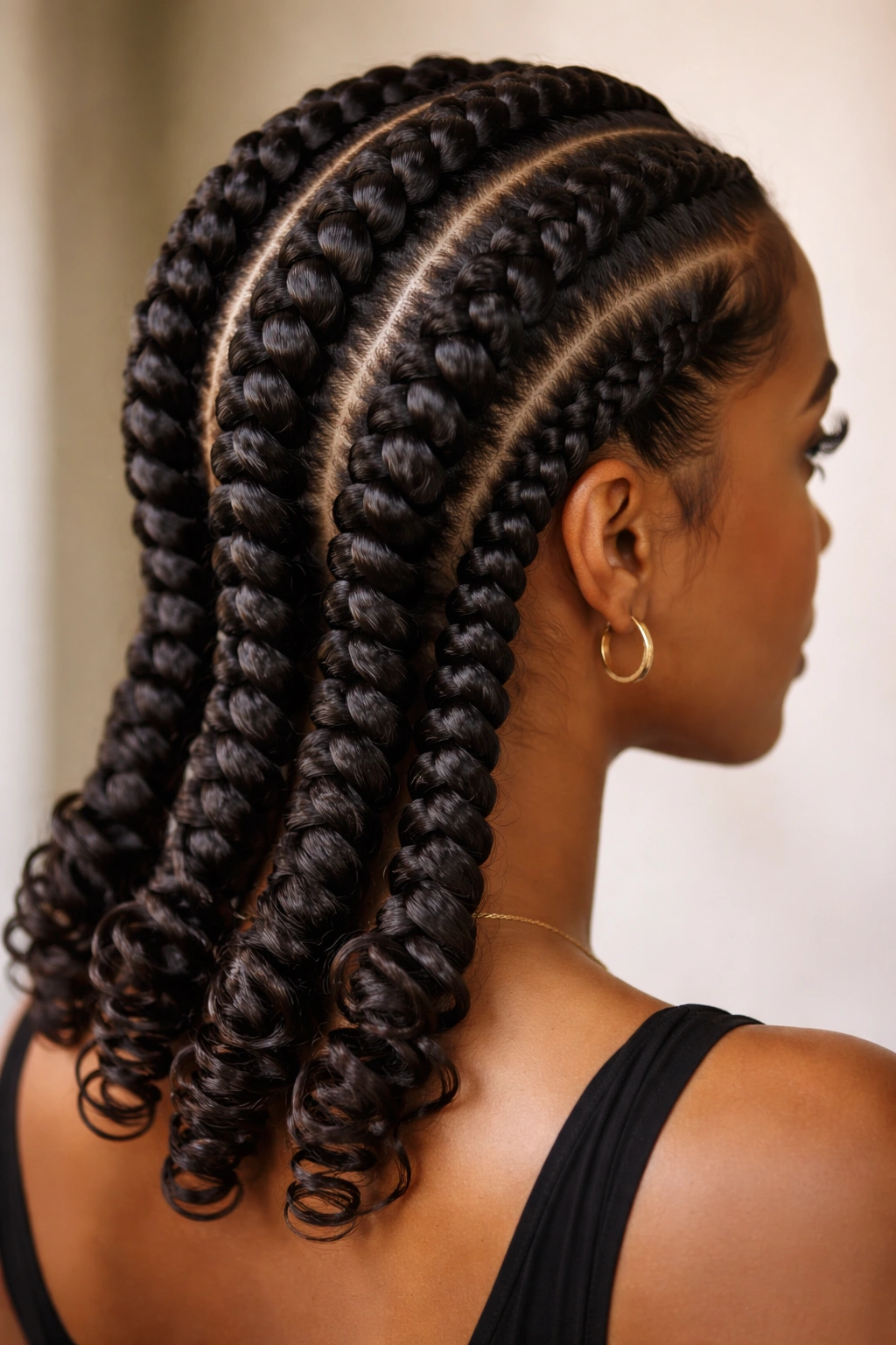 Close-up of thick cornrows with curled ends along the scalp
