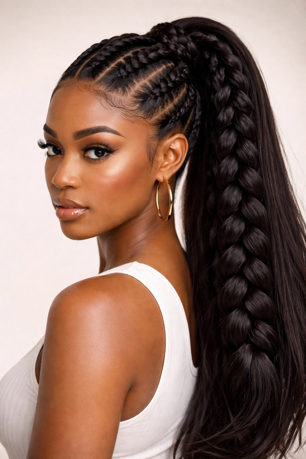Front view of three thick cornrows converging into a voluminous ponytail